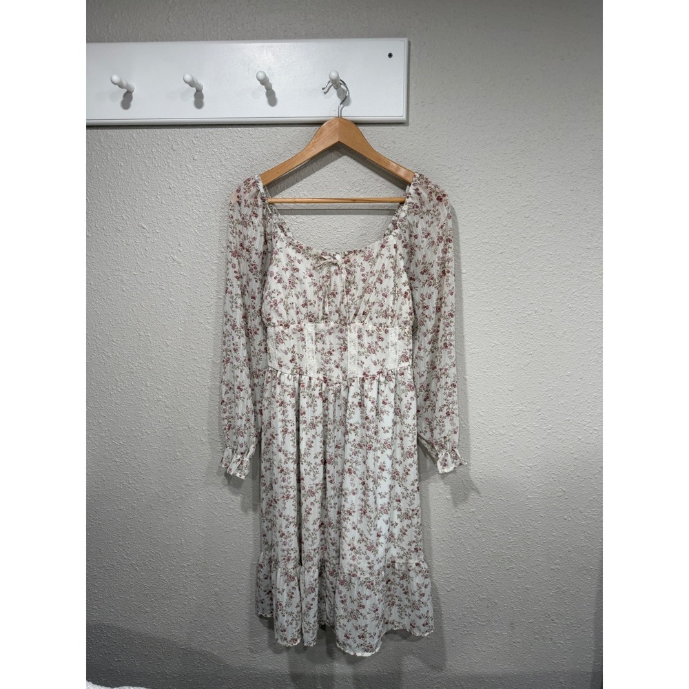 Dainty Floral Milkmaid Lace Corset Dress L Sheer Sleeves Cottagecore Fairycore - Picture 3 of 9